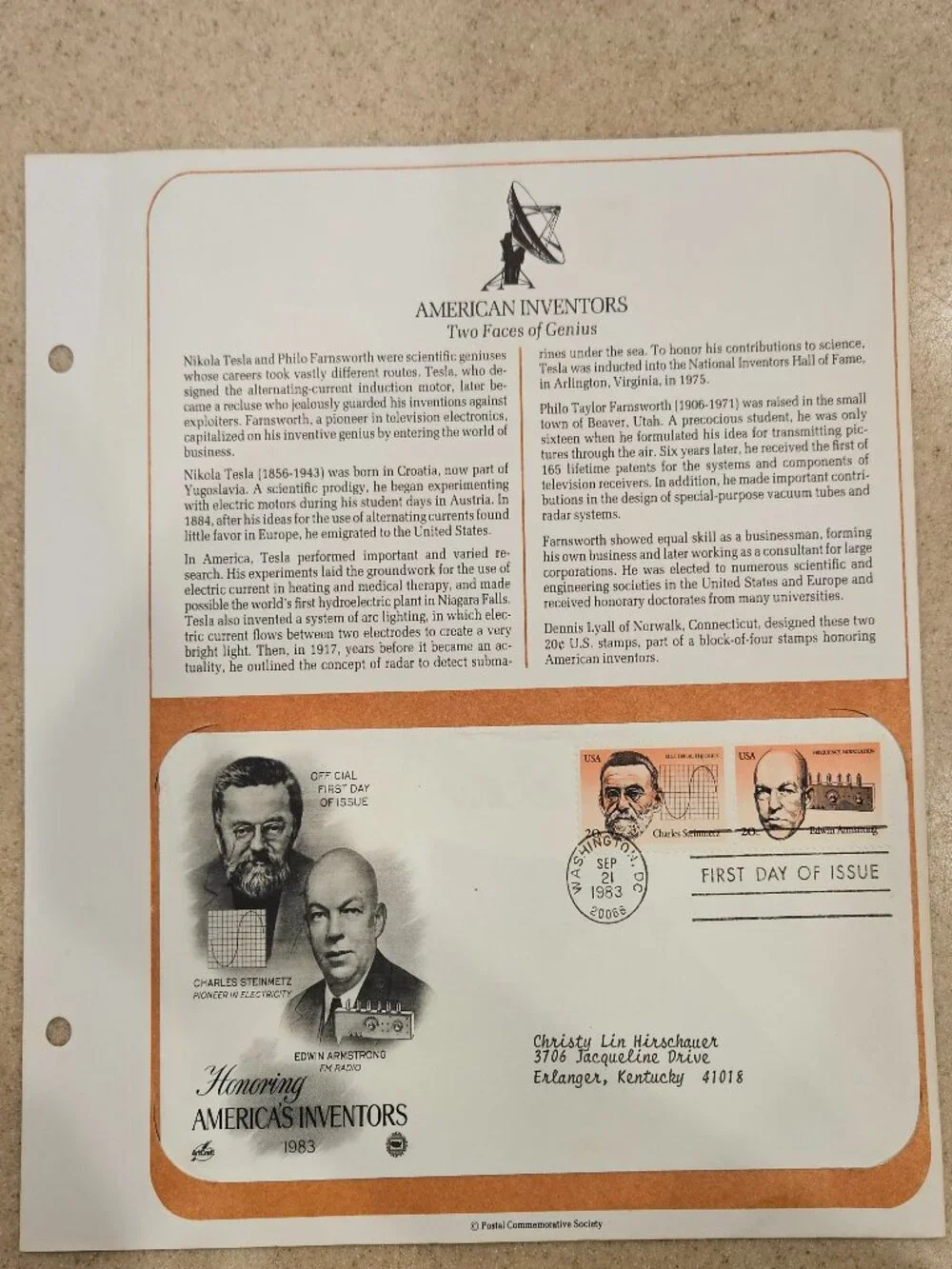 RARE COLLECTIBLE USPS 1ST DAY ISSUE AMERICAS INVENTORS STEINMETZ ARMSTRONG STAMP